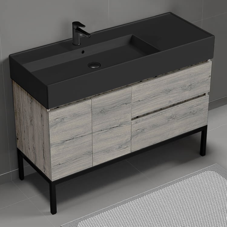 Nameeks BLOCK96 Modern Bathroom Vanity With Black Sink, Floor Standing, 48 Inch, Grey Oak